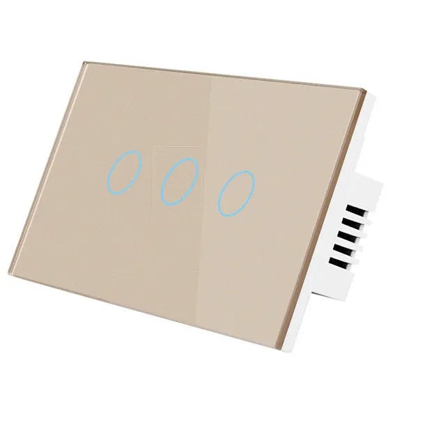 2-gang RF touch light switch with tempered glass panel in white colour showing touch controls