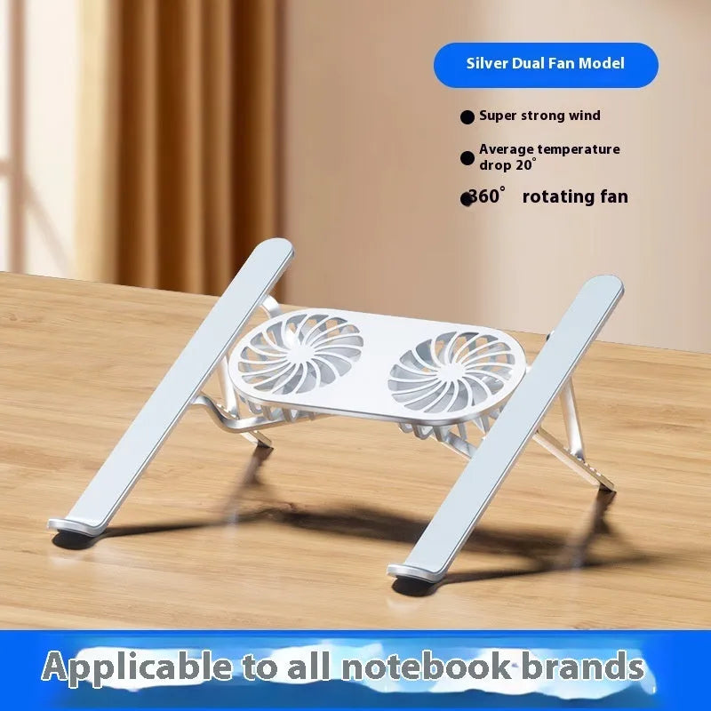 Aluminium alloy laptop cooling stand with twin fans and adjustable height mechanism in silver finish