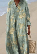 Women's long sleeve floral 3D printed shirt dress with a wide waist and long skirt.