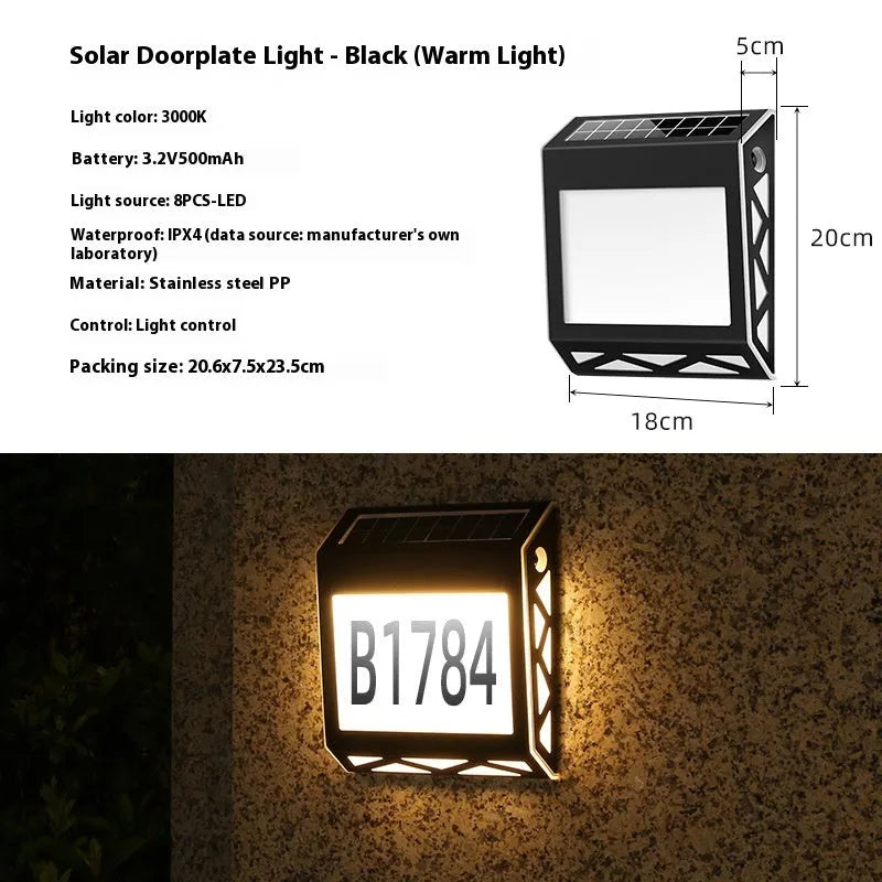 Solar-powered waterproof outdoor doorplate light with LED digital display in black finish