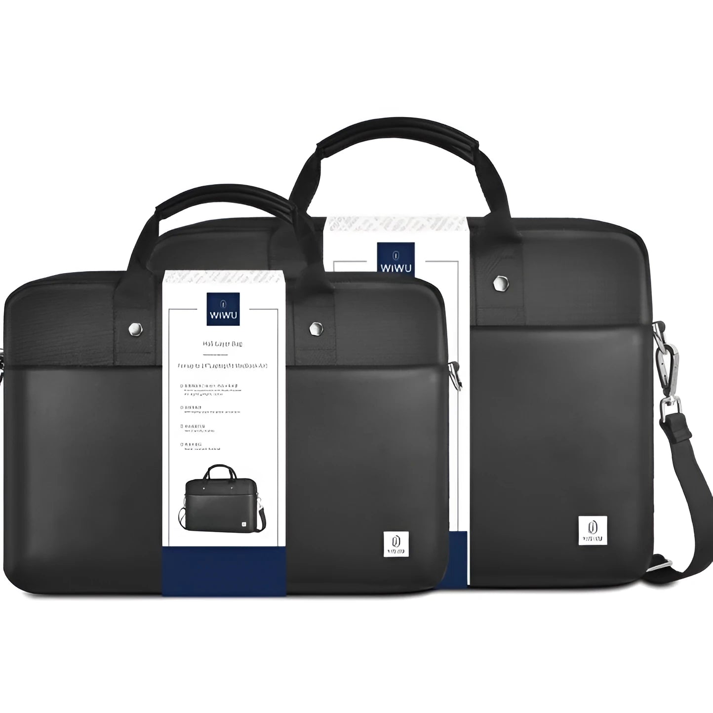 Black Oxford cloth laptop backpack with multiple pockets and a lock, shown in 14-inch and 15.6-inch sizes.
