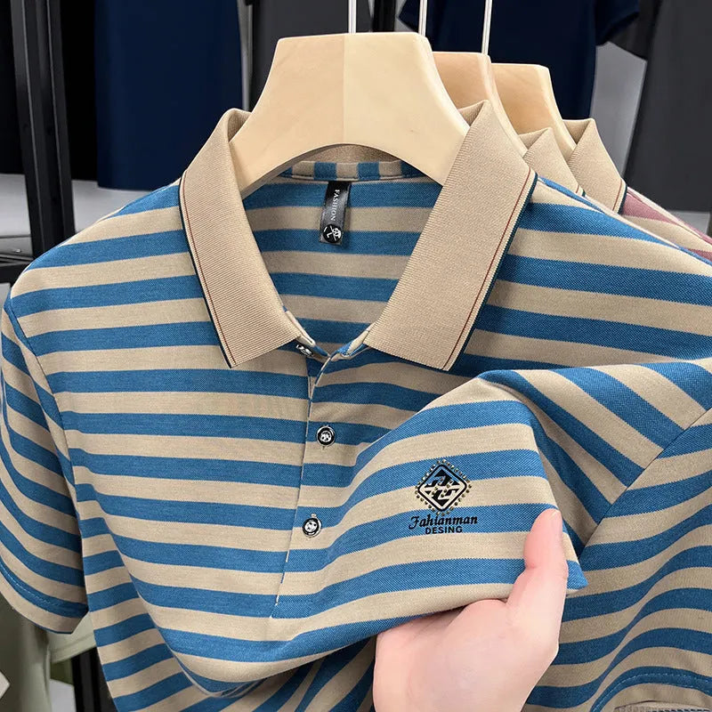 Men's red striped short-sleeve casual shirt with mosaic pattern on polyester fabric