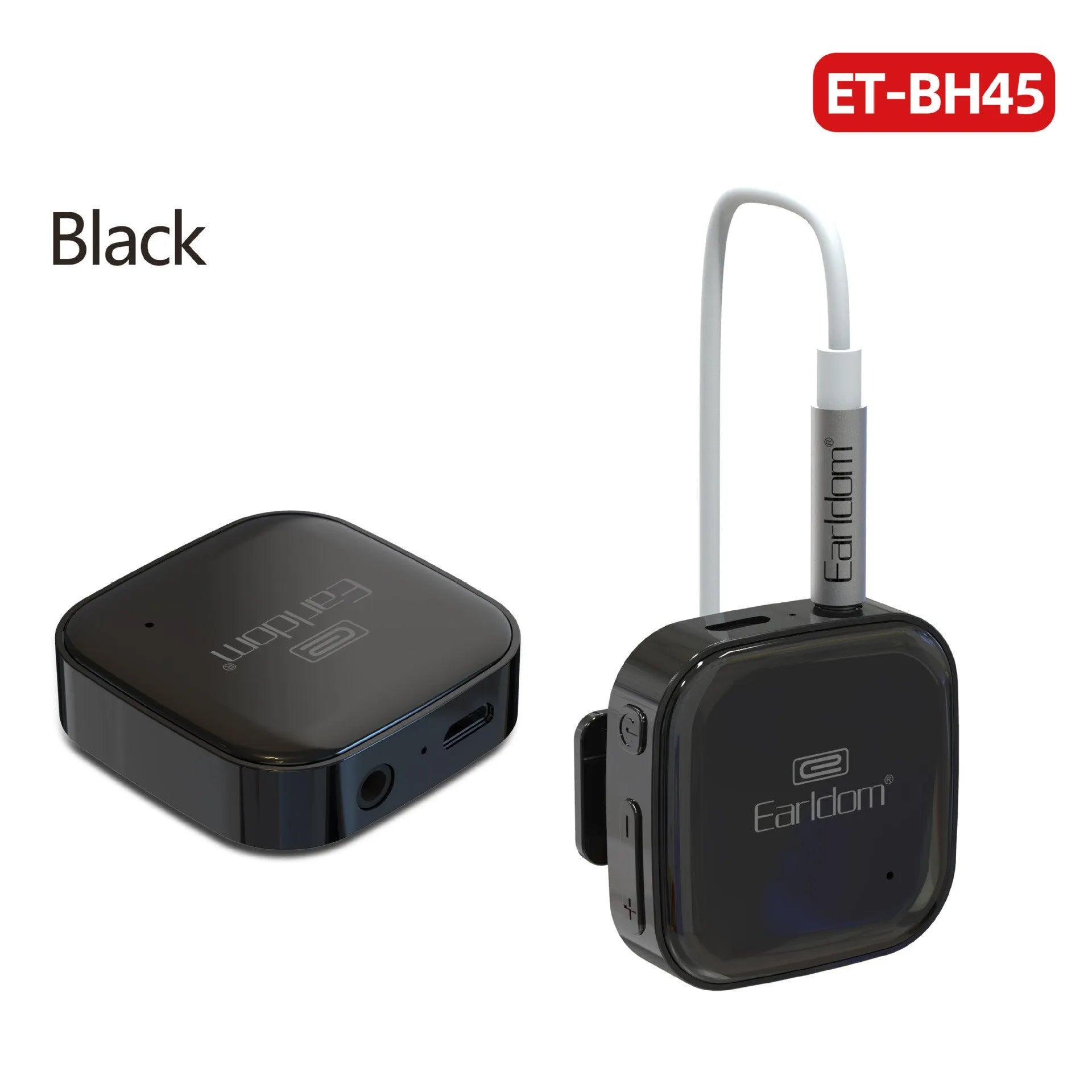 Black Bluetooth audio receiver unit for wireless headphones with lavalier earpiece
