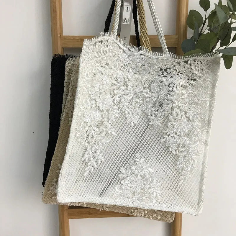 Handmade double layer lace shopping bag in black colour, small size