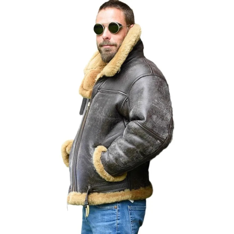 Men's black retro synthetic leather winter coat with straight hem and side pockets