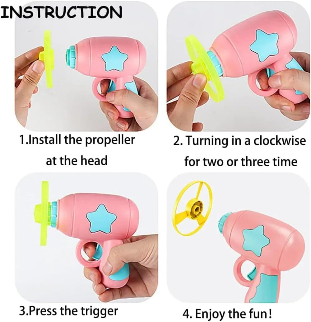 Blue and pink plastic cat toy gun with frisbee measuring 11cm for indoor feline play