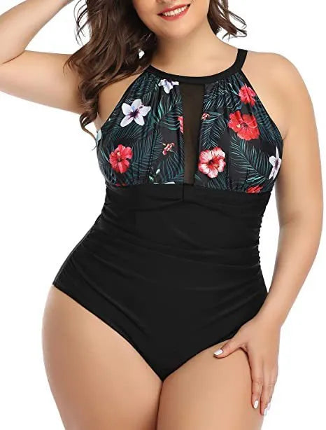 Women's black, striped, and red floral one-piece polyester swimsuit showing front view on mannequin.