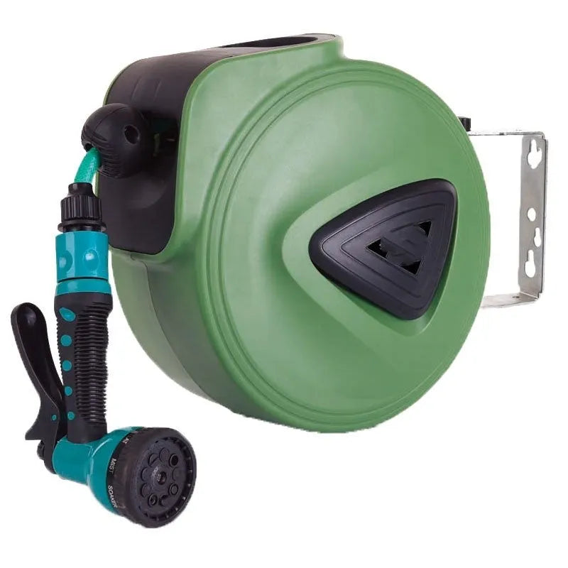 Automatic retractable hose reel with 10 metre PVC water pipe on a compact drum unit.