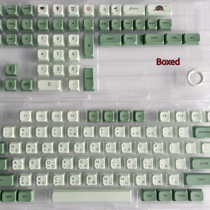 Full set of 124 matcha green PBT keycaps for a mechanical keyboard, showing various international layout options.
