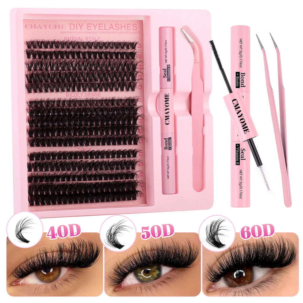 DIY false eyelashes extension suit showing segment single cluster lashes and included tweezers