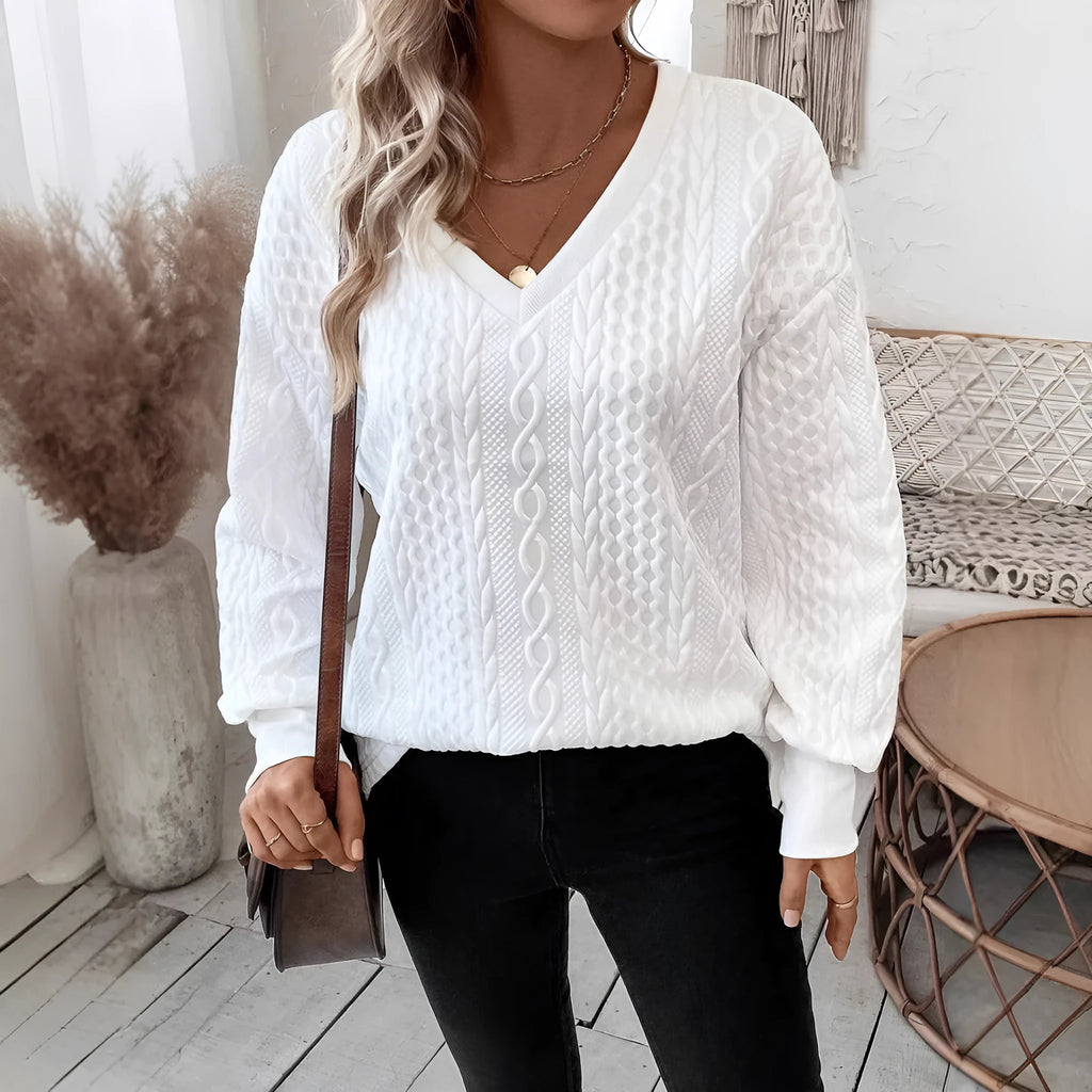 Milky white loose fit long sleeve t-shirt with a 3D pattern, showcasing Japanese Korean casual style.