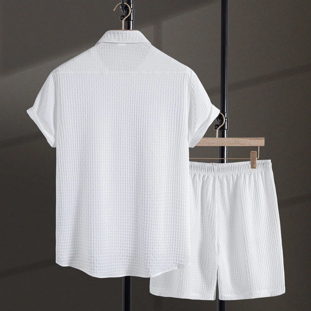 Men's black casual summer shirt and shorts suit with short sleeves on hanger
