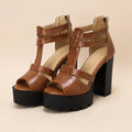 A pair of casual platform high heel sandals with a back zipper, shown in black.