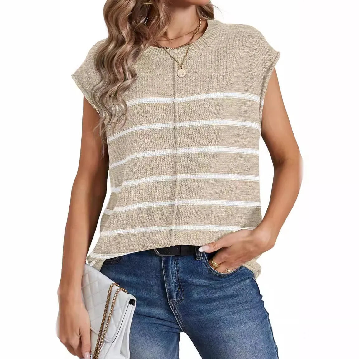 A women's striped sleeveless pullover vest in apricot colour with bone stitching detail.
