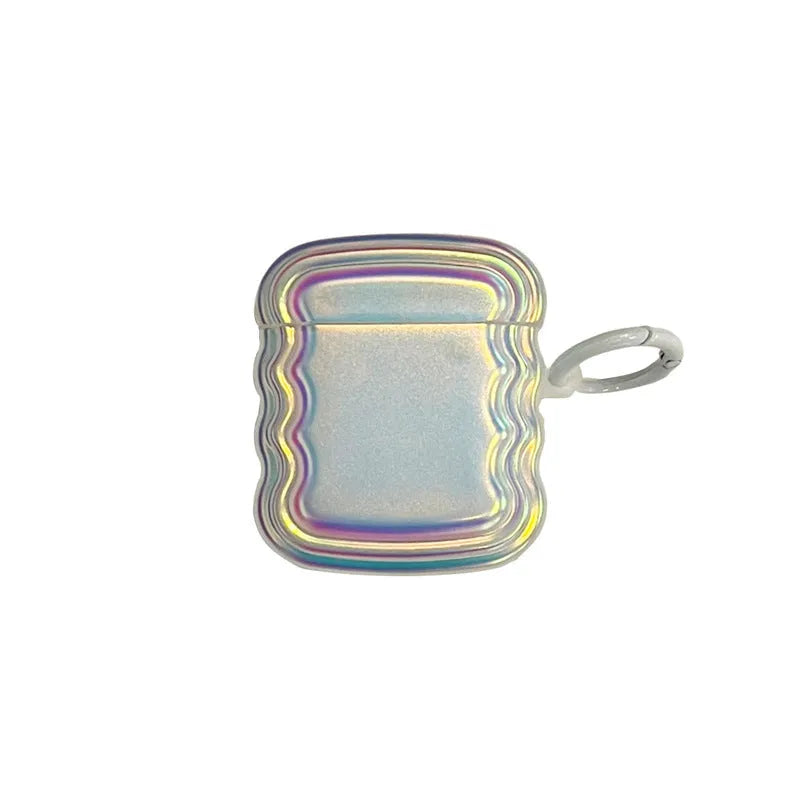 Silicone AirPods case with holographic laser ring design, shown next to AirPods Pro 2 and AirPods 3.