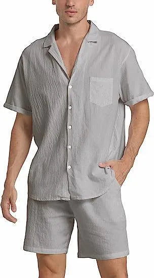 Men's flax short-sleeved top and shorts suit in army green on a grey background.