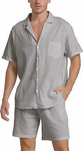 Men's flax short-sleeved top and shorts suit in army green on a grey background.
