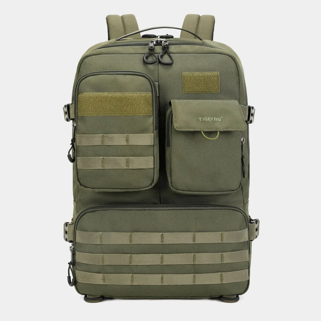 Army Green tactical backpack with waterproof nylon construction showing 17-inch height and organisational compartments