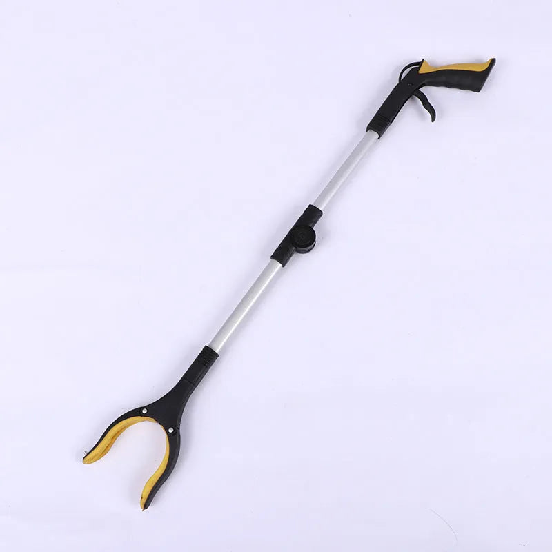 Foldable aluminium garbage clamp with blue handle and magnet sucker, shown extended and collapsed.