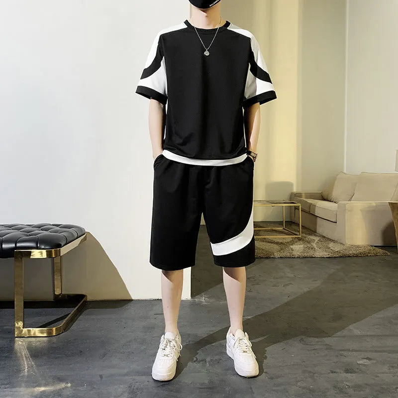 Men's summer casual suit with short-sleeved cotton blend T-shirt and matching nylon shorts in black and white sizes M to 4XL