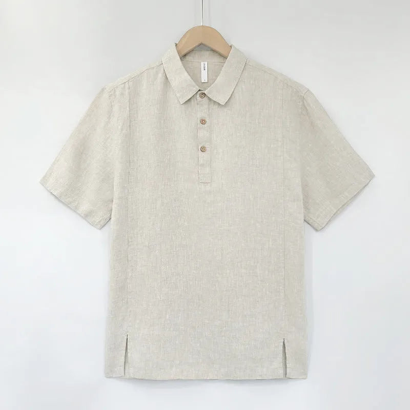 Men's linen summer top with thin lapels and short sleeves in loose fit design