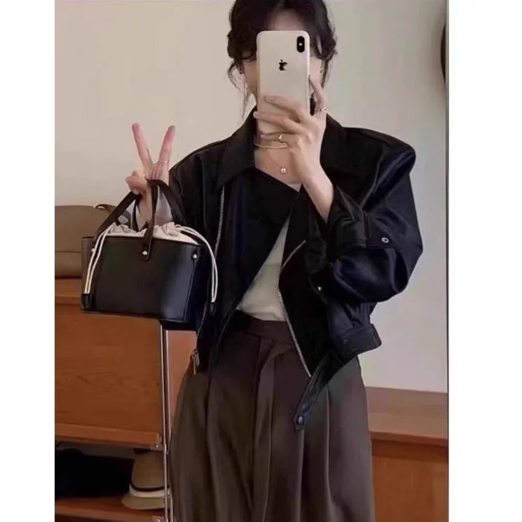 Women's black retro imitation leather coat jacket with slim fit and pocket detail