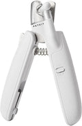 White pet nail clippers with LED light and transparent splash guard open, showing the triangular steel blade.