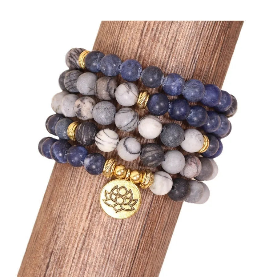 Blue patterned network stone bead multi layer alloy bracelet jewellery