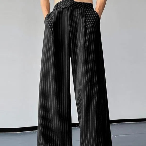 Men's black vertical striped pleated casual trousers with high elasticity waistband