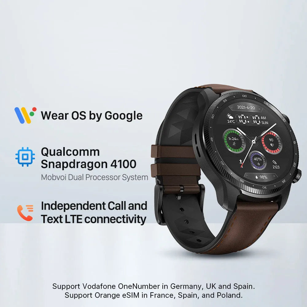 Ticwatch Pro X black smart watch with 47mm case showing 4G LTE calling and heart rate display on screen