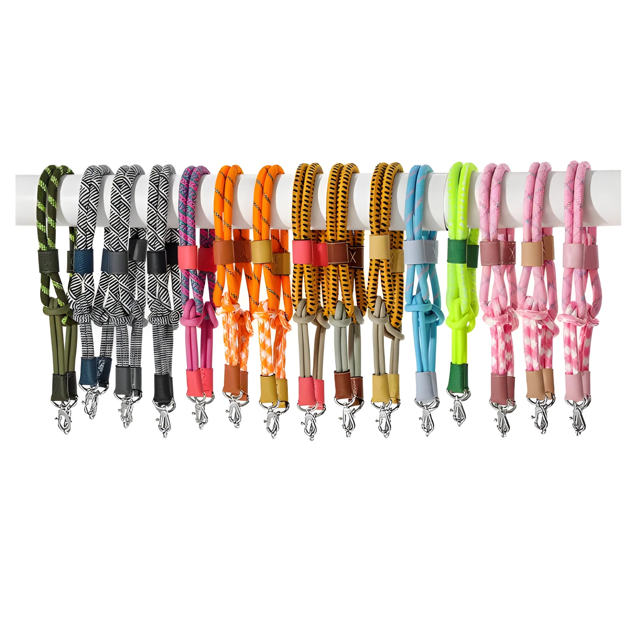 Braided nylon and cowhide leather shoulder strap with alloy buckle in gold or silver finish.