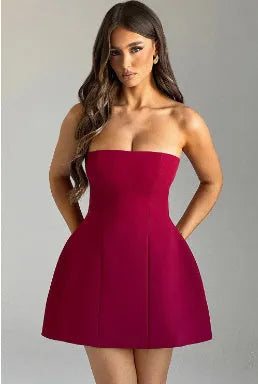 Women's solid colour backless tube dress with A-line skirt and high waist styling