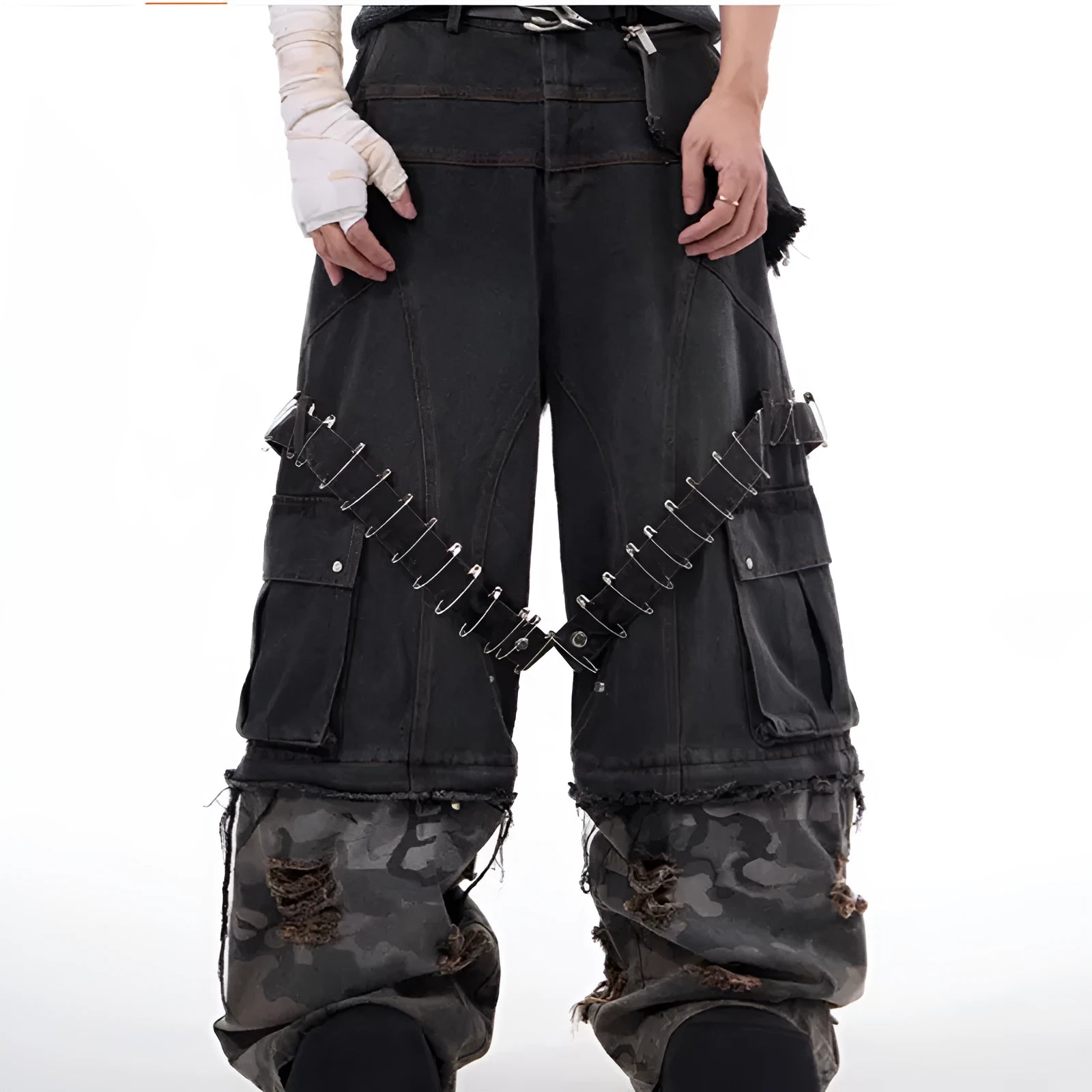 Grey men's jeans with camouflage pattern and ribbon splicing details on cotton denim.