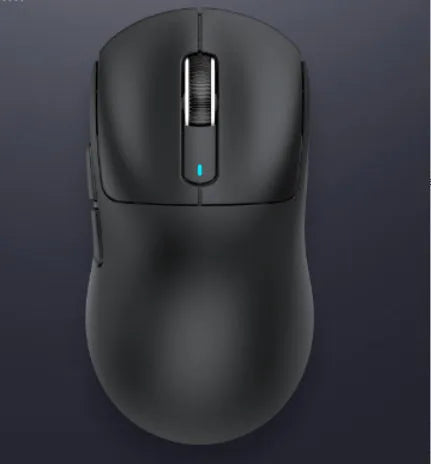 Black rechargeable Bluetooth mouse with USB receiver and charging cable on a wooden desk