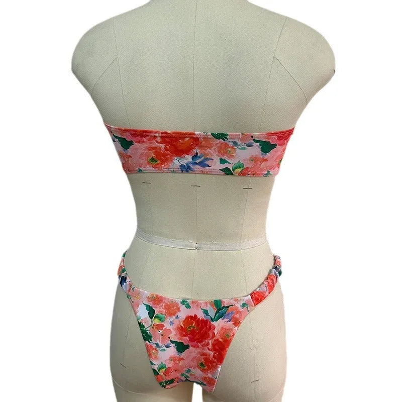 Colourful floral print polyester bikini set with lace details and backless design