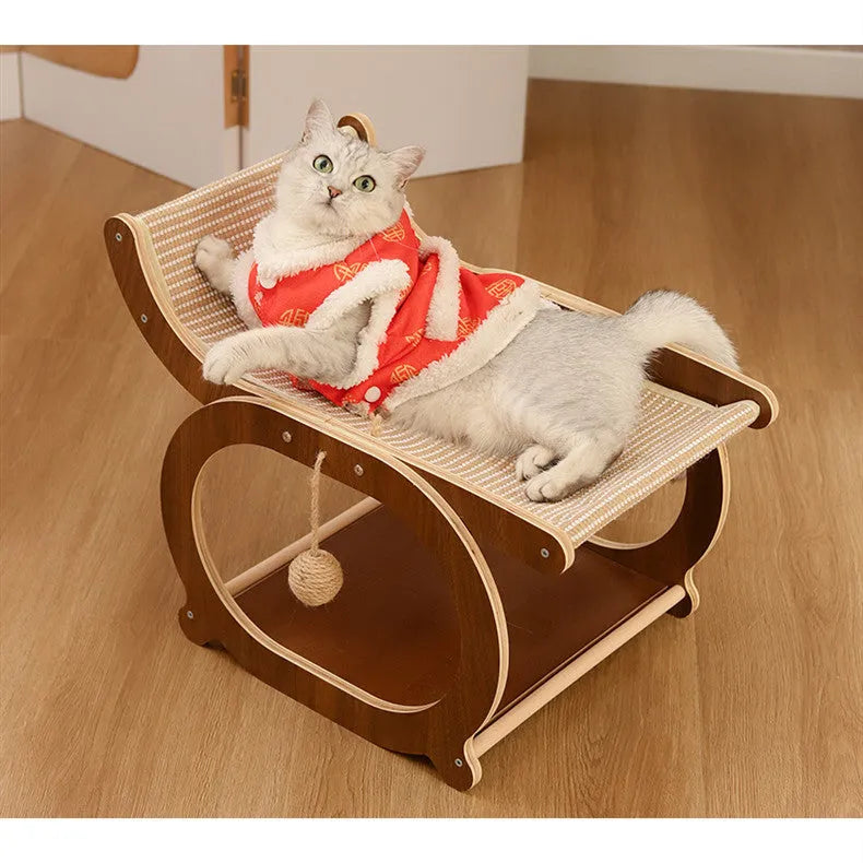 Solid wood sisal cat scratching mat in wood colour resting on floor