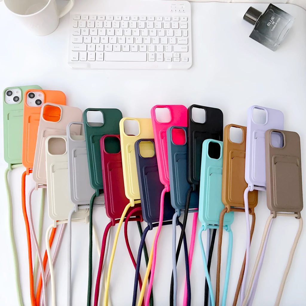 Cross body lanyard TPU phone case with card holder for Apple iPhone models, available in antique white, gray, and light pink
