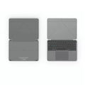 Grey folding Bluetooth wireless keyboard for phones and tablets shown folded and unfolded