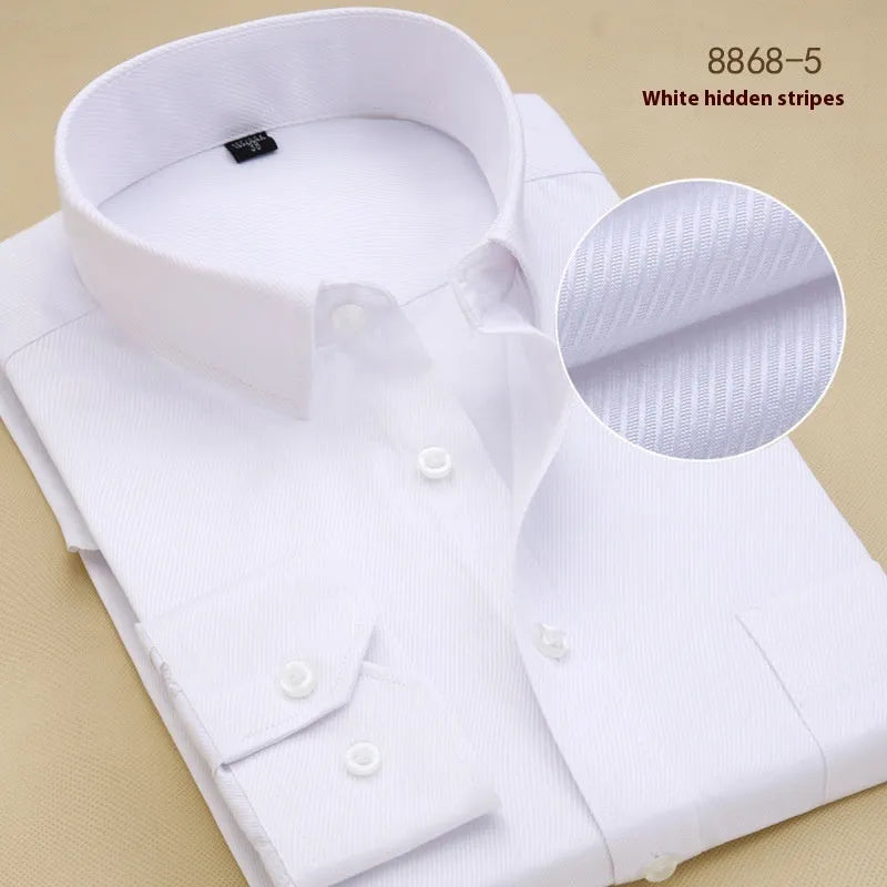 Men's black long sleeve business slim fit shirt on a hanger