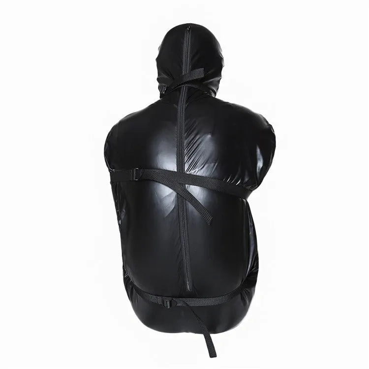 Black patent leather bondage set with nostril clothes and six ratchet tie down straps
