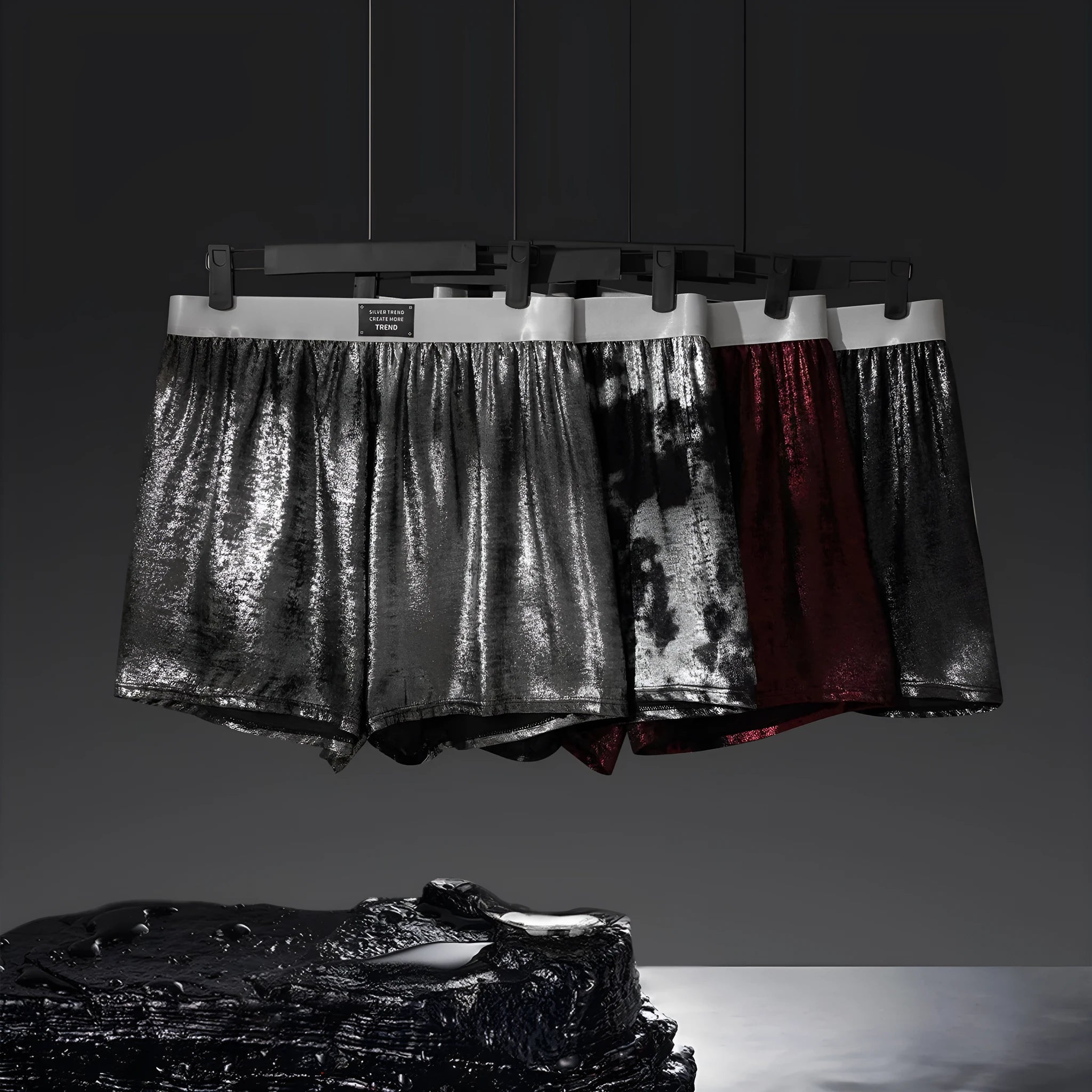 Men's reflective silver woven polyester underwear with mid-waist design for sports and casual wear
