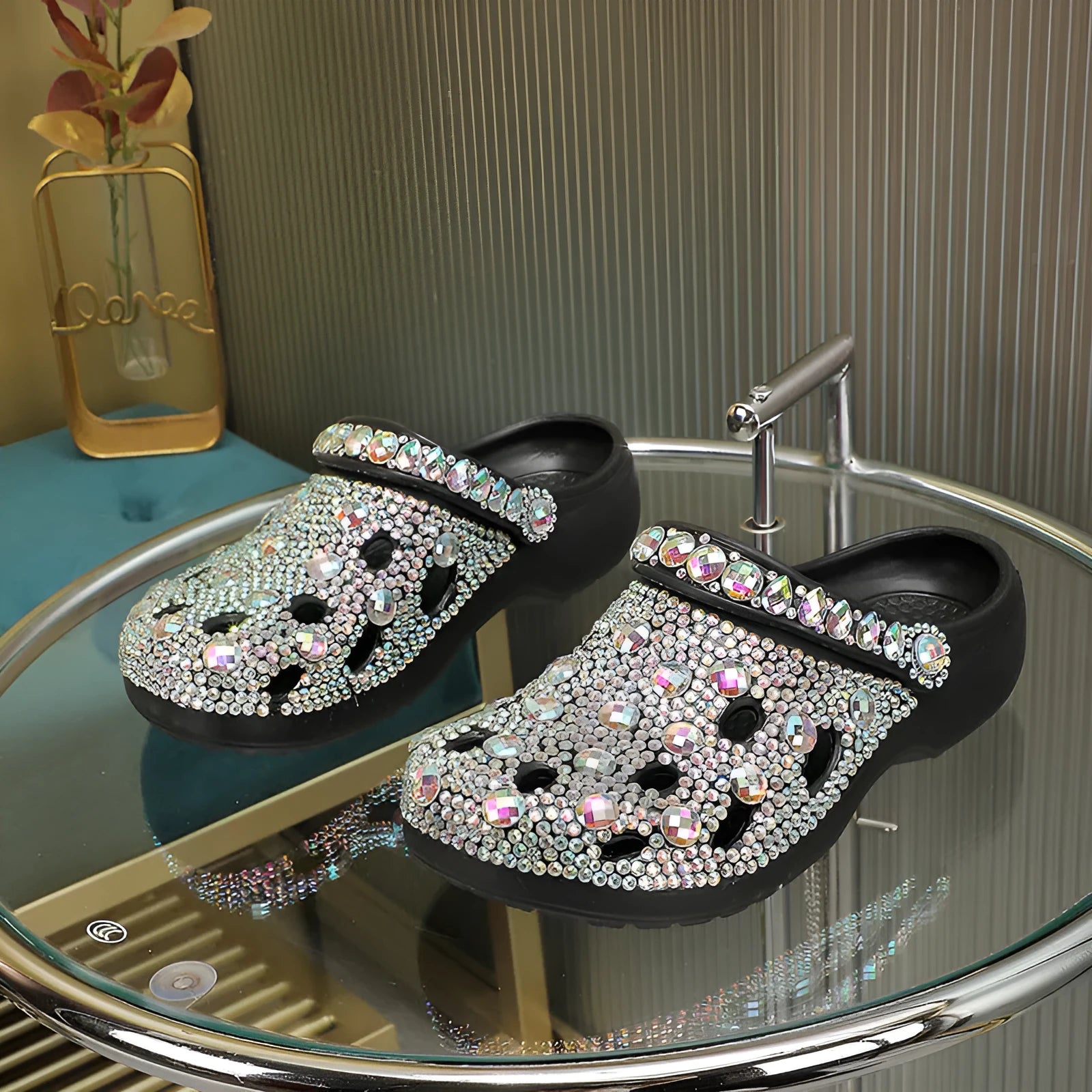 Black women's platform casual sandals with rhinestone holes and EVA construction