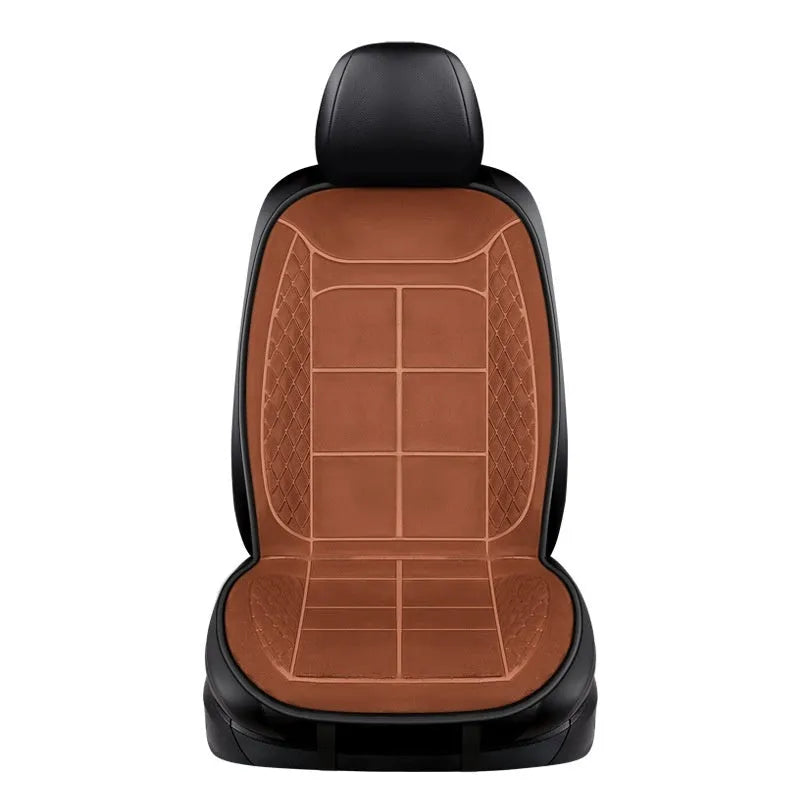 Car seat heating cushion with auto function shown in beige, black, and coffee colour options