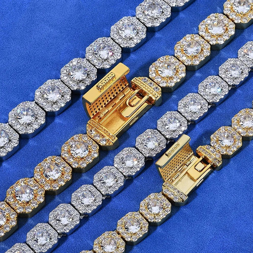 Full diamond men's bracelet in gold finish with rock sugar chain style, 10mm width, on dark background