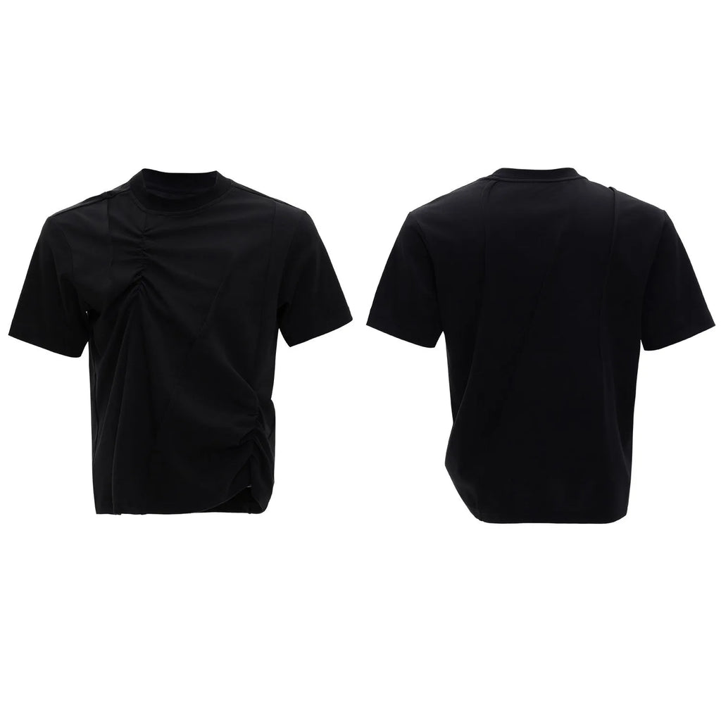 Men's loose fit grey cotton T-shirt with three-dimensional pleated detail on the front.