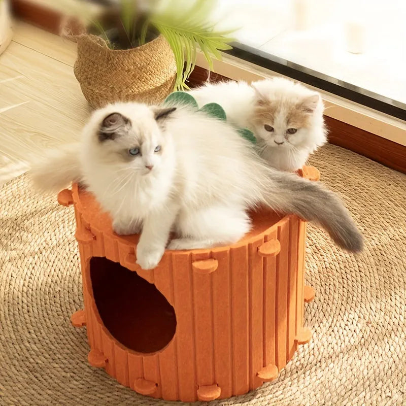 Carrot-shaped felt cat tunnel nest with ventilation holes in soft grey material