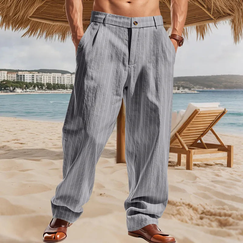 Men's linen striped high waist wide leg pants in light khaki colour, loose fit, button fly