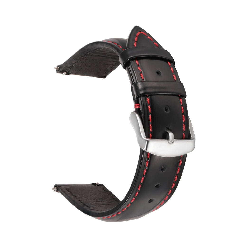 Quick release bright cowhide leather watch strap shown in multiple colour and width size options