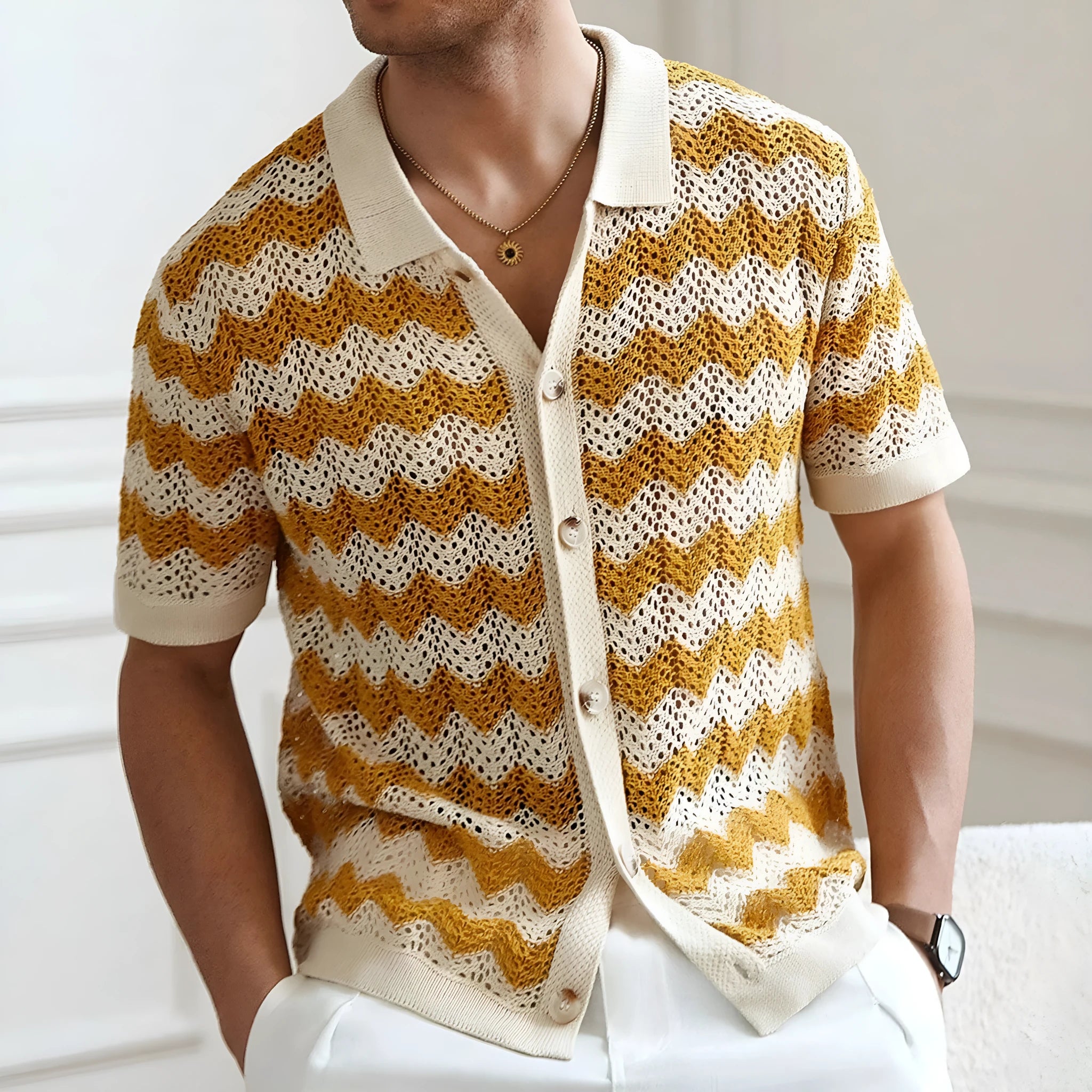 American-style hollow jacquard corrugated short-sleeve summer sweater in viscose Tencel