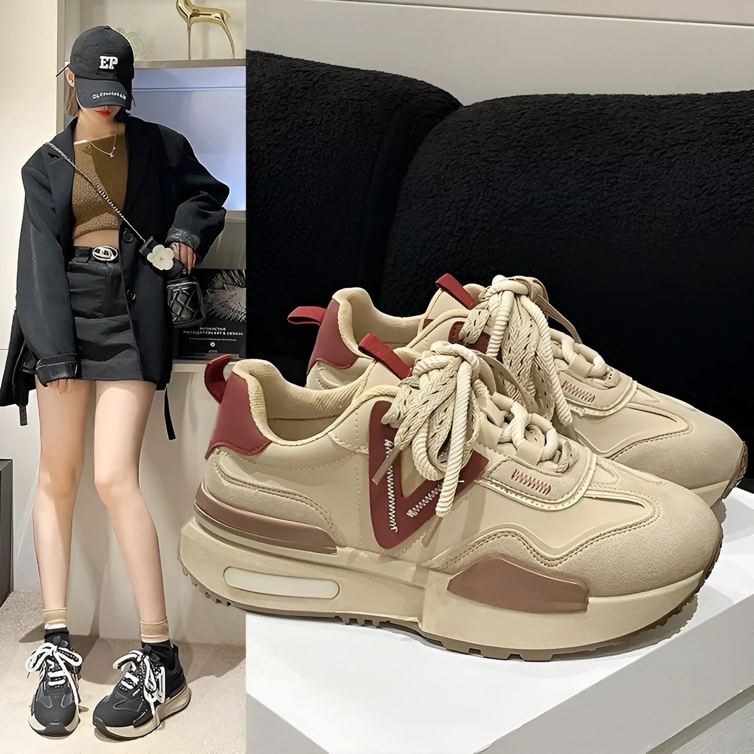 Women's black retro platform sports shoes with round toe and lace-up fastening on a neutral background.